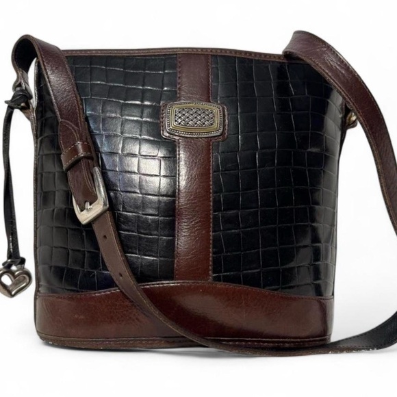 Brighton Handbags - Vintage Brighton Leather Croc Embossed Shoulder Bag Brown Black Bucket Style